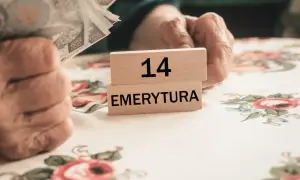 Dłonie seniora trzymają pieniądze. Na drewnianych klockach napis "14 EMERYTURA". Czekamy na 14 emeryturę 2025 netto.