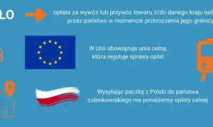 Grafika przedstawia ikonę ciężarówki, flagę UE, flagę Polski, ikonę domu z pinezką i ikonę pociągu.