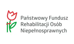 Logo Państwowego Funduszu Rehabilitacji Osób Niepełnosprawnych. Symbol tulipana i tekst. Wsparcie dla osób z niepełnosprawnością sprzężoną.