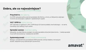 Grafika przedstawia listę kluczowych zasad prowadzenia KPiR, z zaznaczonymi zielonymi ptaszkami.