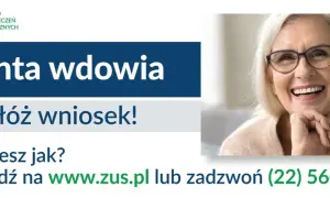 Uśmiechnięta starsza kobieta z okularami na tle napisu "Renta wdowia" i logo ZUS.