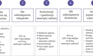 Analiza 5 sił Portera: groźba nowych konkurentów, siła nabywców i dostawców, konkurencja w sektorze oraz groźba substytutów.