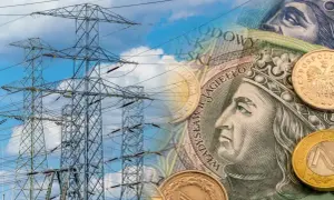 Wysokie słupy energetyczne i polskie banknoty symbolizują dofinansowanie do fotowoltaiki.