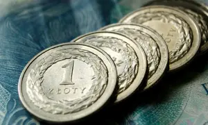 Rząd polskich monet 1 złoty na tle banknotu. Marzenie o 6000 brutto zaczyna się od oszczędzania.