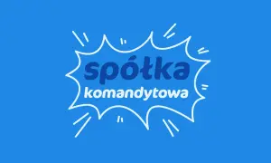 Biały, kreskówkowy dymek z napisem "spółka komandytowa" na niebieskim tle.