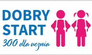 Program Dobry Start: 300 zł dla ucznia. Dwoje dzieci w różowych sylwetkach z szelkami.