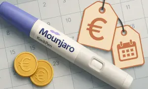 Mounjaro KwikPen, monety euro i metki z symbolem euro i kalendarzem sugerują cenę i termin leczenia. Sprawdź, czy przysługuje Ci mounjaro refundacja.