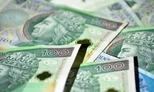 Stos banknotów 100 zł, symbolizujących zasiłek stały. Widać portrety królów i korony.