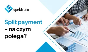 Logo "spektrum" i tekst "Split payment – na czym polega?". Dwie osoby analizują wykresy, jedna wskazuje piórem na dokument.