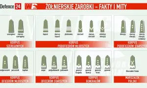 Grafika przedstawia stopnie wojskowe i ich nazwy, ilustrując zarobki w wojsku od szeregowego do Marszałka Polski.
