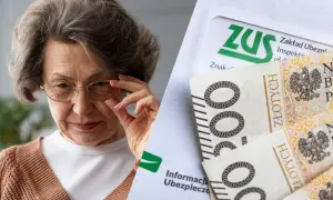 Starsza pani z okularami analizuje dokumenty ZUS i polskie banknoty. Czy to dodatek dopełniający jej świadczenia?