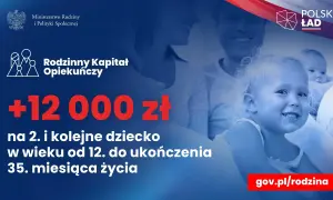 Rodzinny kapitał opiekuńczy: 12 000 zł na drugie i kolejne dziecko od 12. do 35. miesiąca życia. Uśmiechnięte dzieci i rodzice.