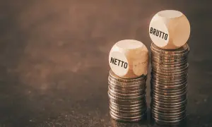Drewniane kostki z napisami "NETTO" i "BRUTTO" na stosach monet.