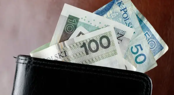 Portfel z polskimi banknotami: 100 zł, 50 zł i 10 zł. Idealny przykład, jak wygląda umowa zlecenie stawka godzinowa.