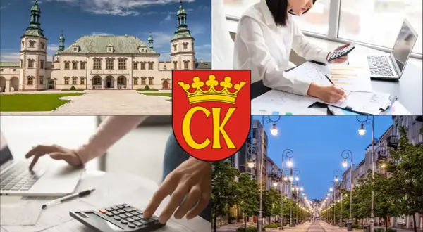 Kielce: pałac, herb miasta, kobiety pracujące z kalkulatorem i laptopem, ulica z latarniami.