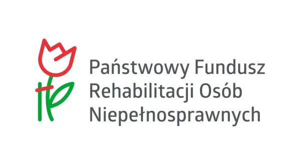 Logo Państwowego Funduszu Rehabilitacji Osób Niepełnosprawnych. Symbol tulipana i tekst. Wsparcie dla osób z niepełnosprawnością sprzężoną.
