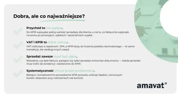 Grafika przedstawia listę kluczowych zasad prowadzenia KPiR, z zaznaczonymi zielonymi ptaszkami.