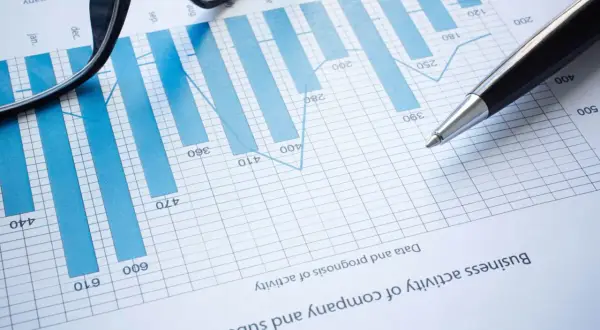 Analiza wykresu słupkowego z danymi finansowymi. Widoczne okulary i długopis sugerują analizę rachunku zysków i strat.