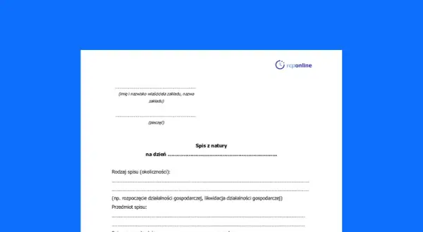 Formularz spisu z natury, dokument do wypełnienia przez właściciela zakładu, zawiera pola na dane firmy, datę, rodzaj spisu i przedmiot.