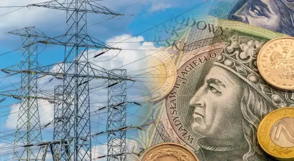 Wysokie słupy energetyczne i polskie banknoty symbolizują dofinansowanie do fotowoltaiki.