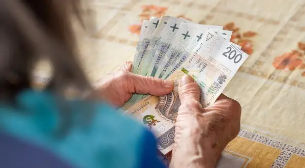 Dłonie starszej osoby liczą banknoty 200 zł. To może być ich 13 emerytura netto, ważna dla budżetu domowego.