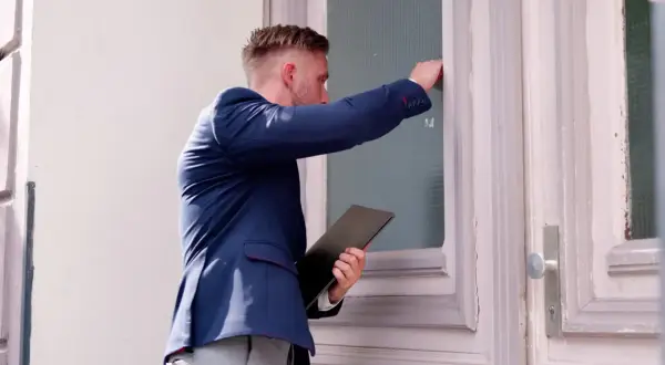 Mężczyzna w garniturze puka do drzwi, trzymając teczkę. Czy to komornik? Zastanawiasz się, ile może zabrać komornik?