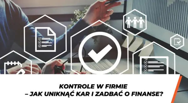 Przedsiębiorca analizuje dane, by uniknąć kontroli i zadbać o finanse. Ikony symbolizują dokumenty, zespół i kalendarz.