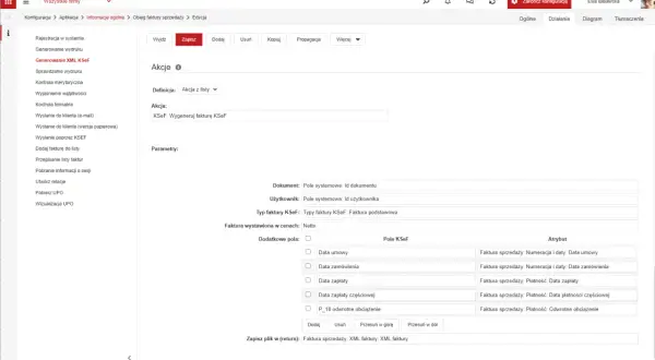 Ekran konfiguracji systemu z opcją generowania faktury KSeF i polami do wyboru parametrów.
