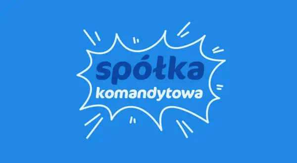 Biały, kreskówkowy dymek z napisem "spółka komandytowa" na niebieskim tle.