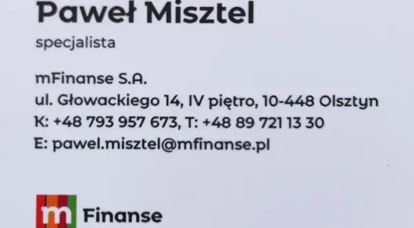 Wizytówka: Paweł Misztel, specjalista mFinanse S.A., Olsztyn.