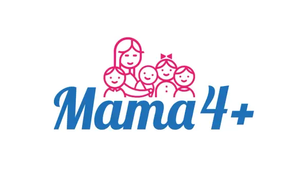 Logo "Mama 4+" z uśmiechniętą mamą i czwórką dzieci. Symbolizuje dodatkowe 200 zł do emerytury za dzieci.