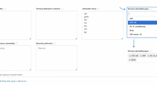 Formularz z polami do wprowadzania danych, w tym lista rozwijana "Numery identyfikacyjne" z zaznaczonym "VAT UE".