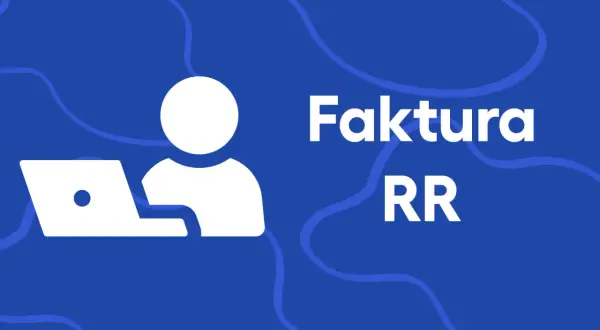 Ikona osoby z laptopem i napis "Faktura RR" na niebieskim tle z falami.