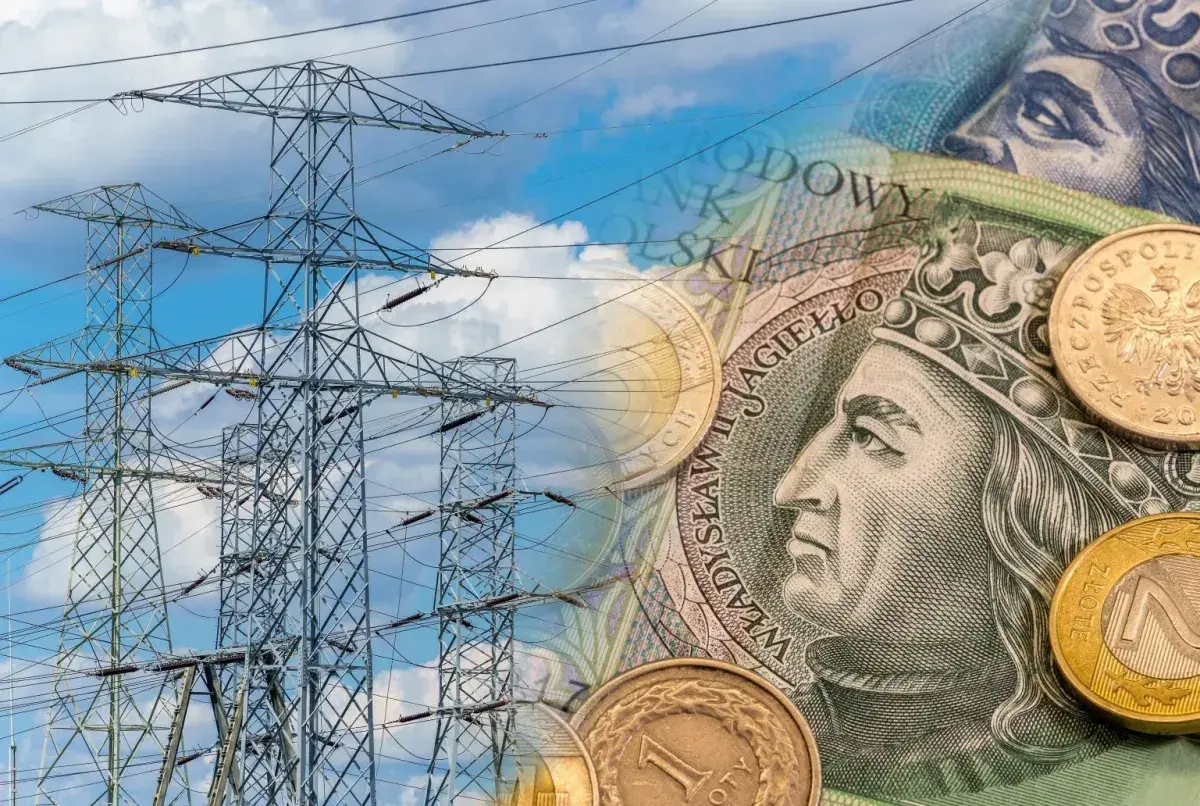 Wysokie słupy energetyczne i polskie banknoty symbolizują dofinansowanie do fotowoltaiki.