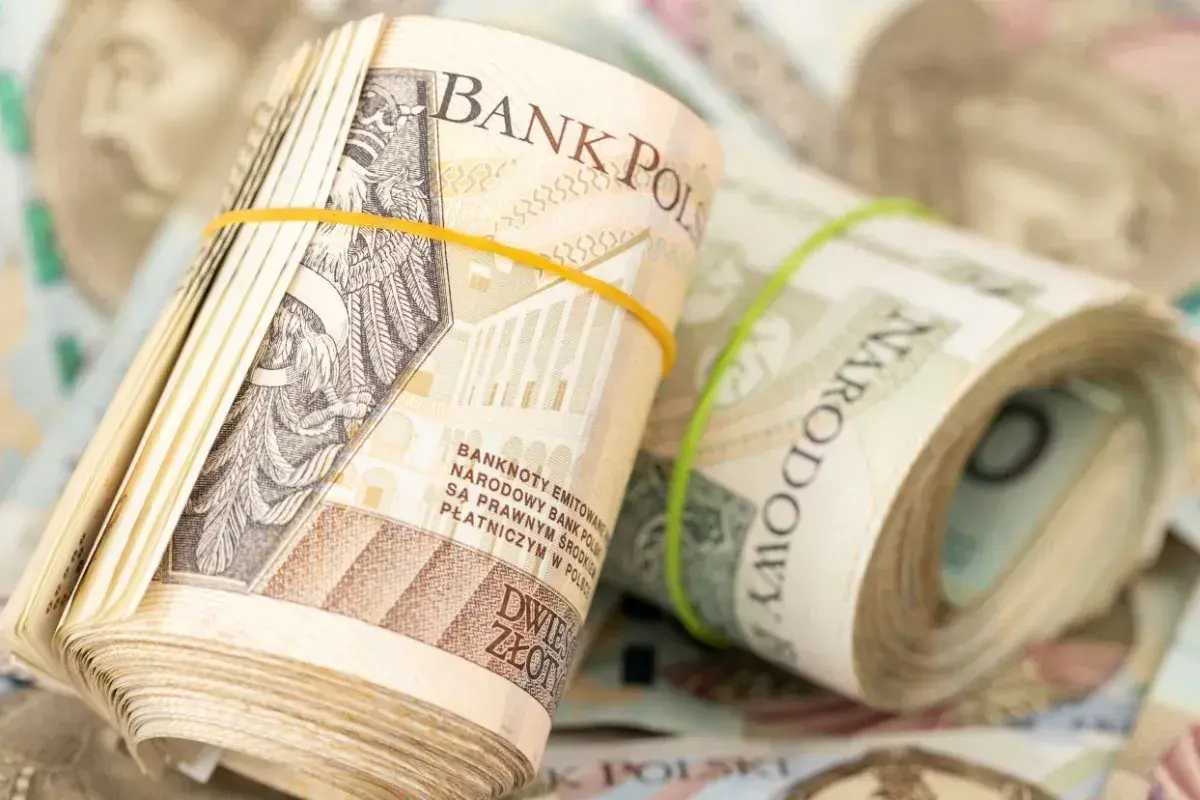Zrolowane banknoty dwuzłotowe, spięte gumkami. W tle widać kolejne banknoty.