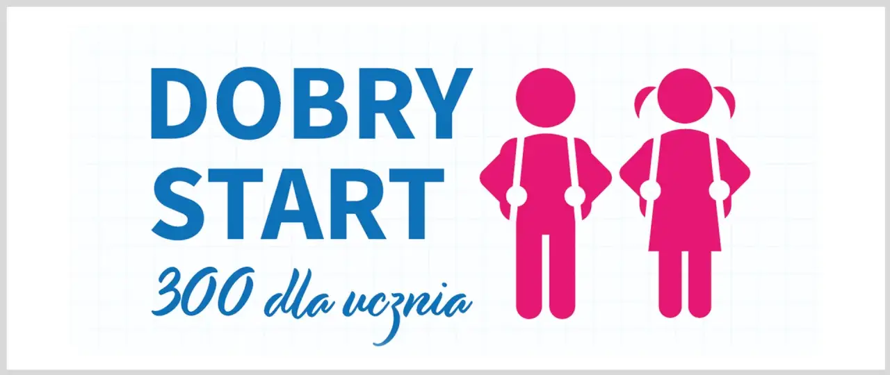 Program Dobry Start: 300 zł dla ucznia. Dwoje dzieci w różowych sylwetkach z szelkami.
