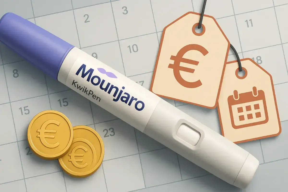 Mounjaro KwikPen, monety euro i metki z symbolem euro i kalendarzem sugerują cenę i termin leczenia. Sprawdź, czy przysługuje Ci mounjaro refundacja.