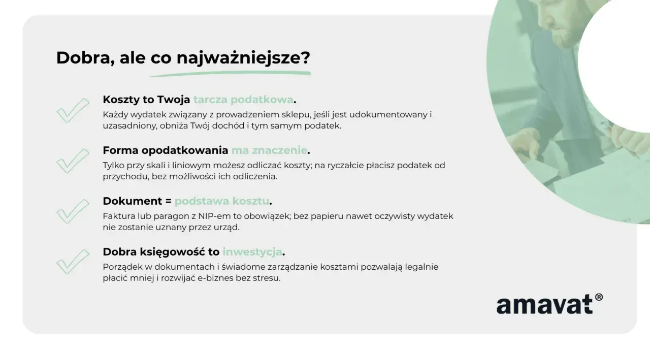 Dobra księgowość to inwestycja. Koszty to tarcza podatkowa, a dokument = podstawa kosztu. Prowadzenie e-biznesu z jdg jest łatwiejsze z porządkiem w dokumentach.