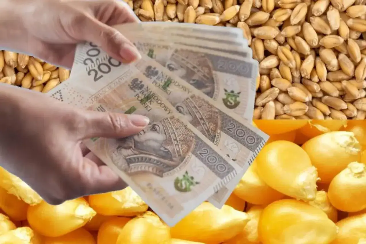 Ręce trzymają polskie banknoty 200 zł na tle zboża i kukurydzy. Symbolizują dopłaty do zboża.