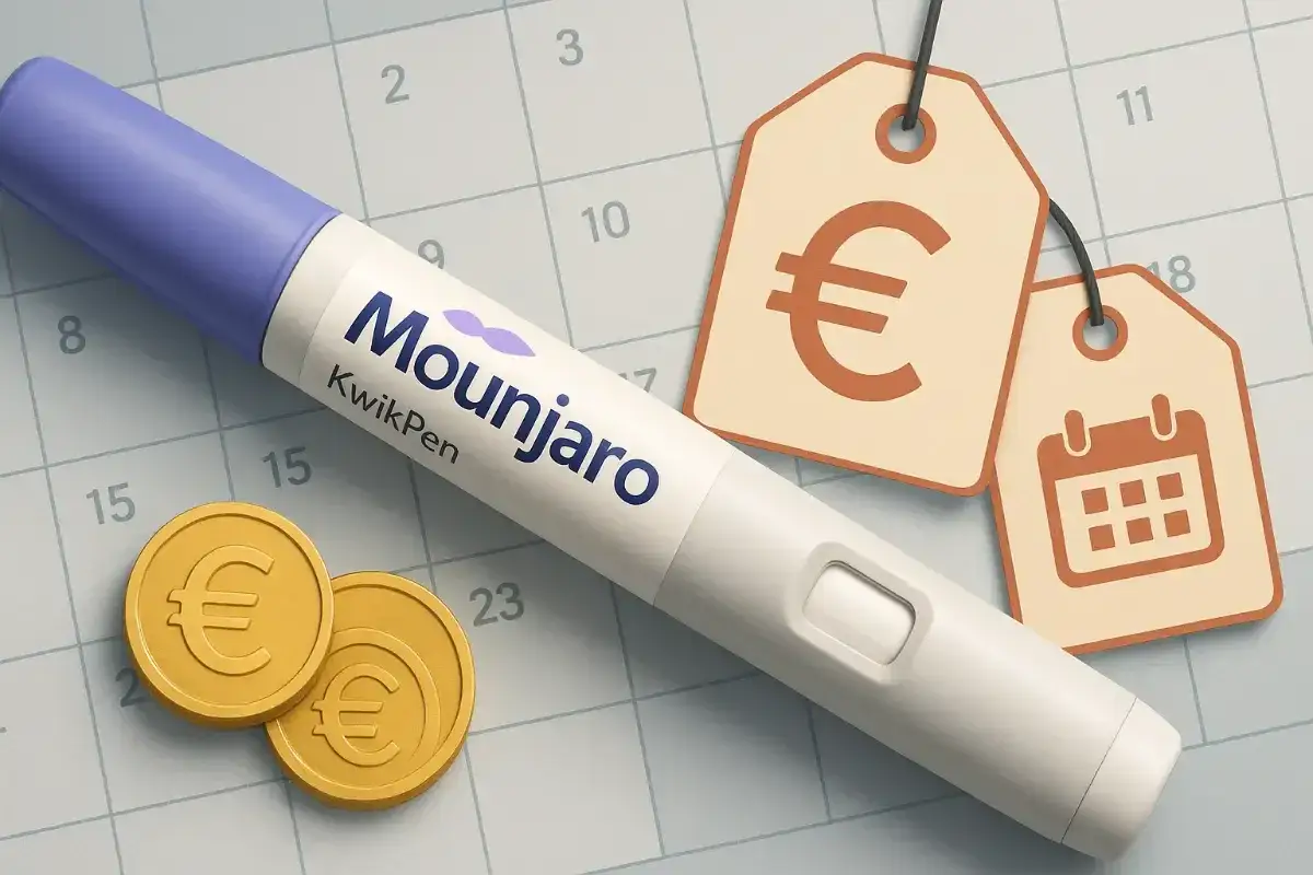 Mounjaro KwikPen, monety euro i metki z symbolem euro i kalendarzem na tle siatki kalendarza sugerują koszty i terminy związane z leczeniem. Mounjaro refundacja.