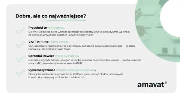 Grafika przedstawia listę kluczowych zasad prowadzenia KPiR, z zaznaczonymi zielonymi ptaszkami.