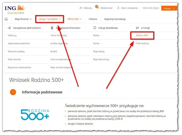 Przycisk "Rodzina 500+" w sekcji "Usługi i narzędzia" bankowości internetowej ING.