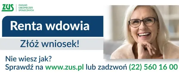 Uśmiechnięta starsza kobieta z okularami na tle napisu "Renta wdowia" i logo ZUS.