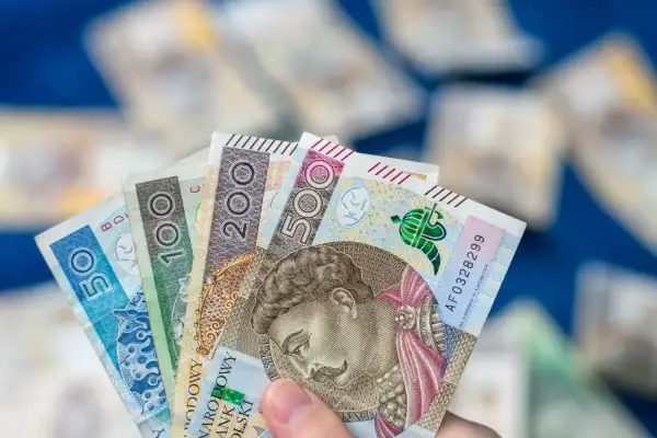 Dłoń trzyma polskie banknoty: 50, 100, 200 i 500 zł. To dowód, że aktywny rodzic w domu potrafi zarządzać finansami.