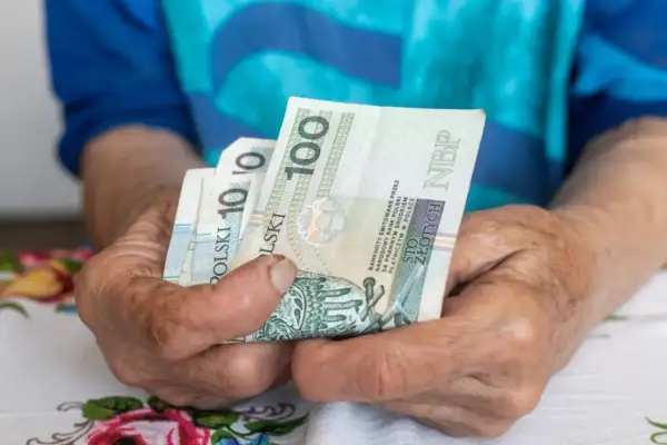 Dłonie trzymają polskie banknoty 100 zł. Zastanawiasz się, ile komornik może zabrać z emerytury?