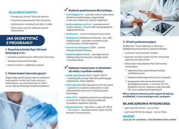 Profilaktyka 20 plus: badania krwi, moczu, lipidogram, TSH, PSA, anty-HCV, lipoproteina (a) dla oceny ryzyka chorób.