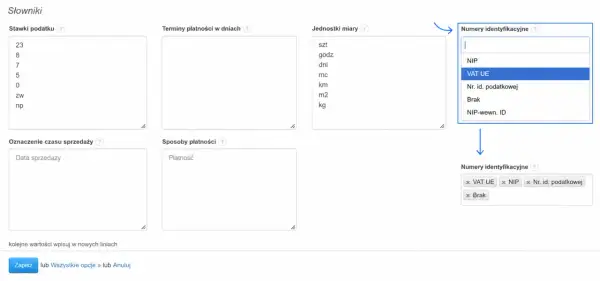 Formularz z polami do wprowadzania danych, w tym lista rozwijana "Numery identyfikacyjne" z zaznaczonym "VAT UE".